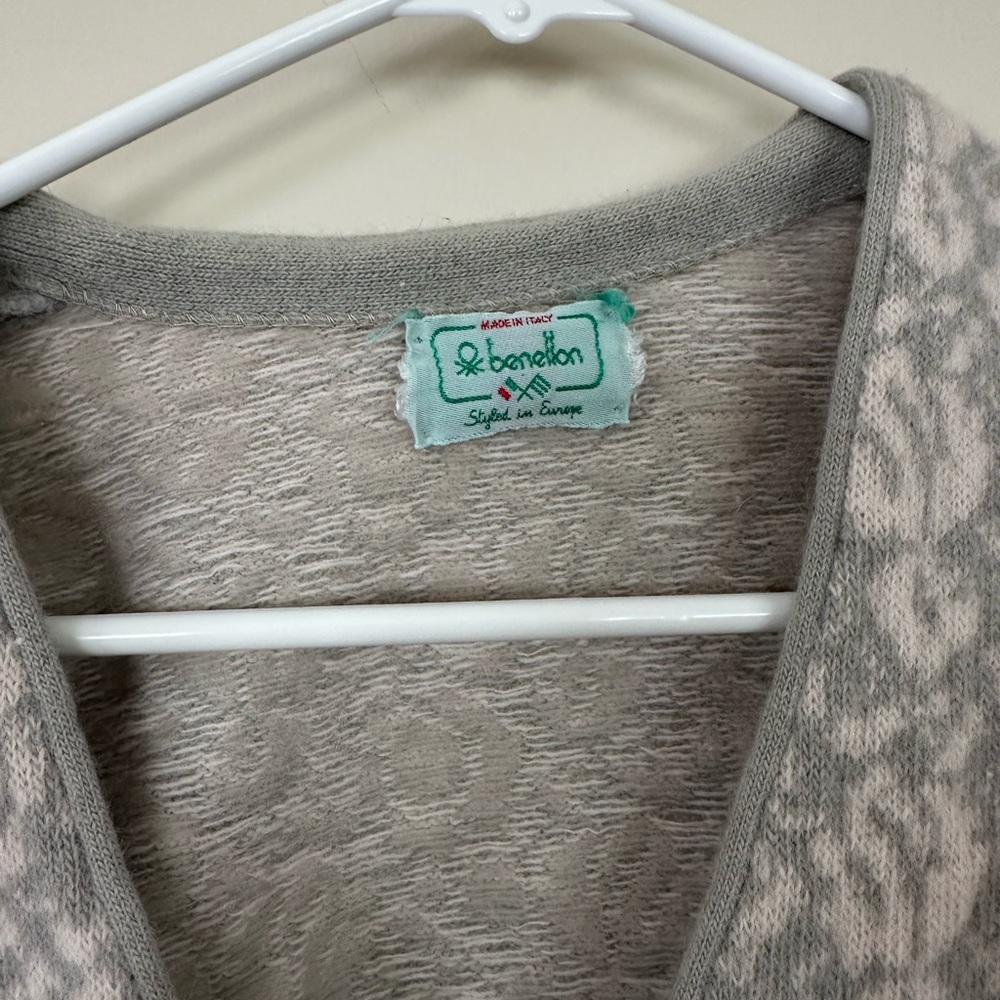 Benetton Light Gray 55% Wool Patterned Cardigan - image 2